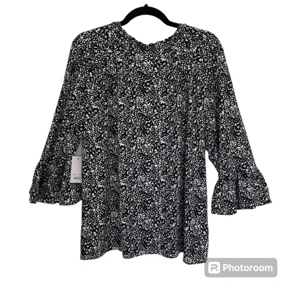 CROFT & BARROW Women’s Blk/Wht. Floral Blouse Scoop/V/Tie‎ Bell Sleeve XXL NWT! - Picture 2 of 7